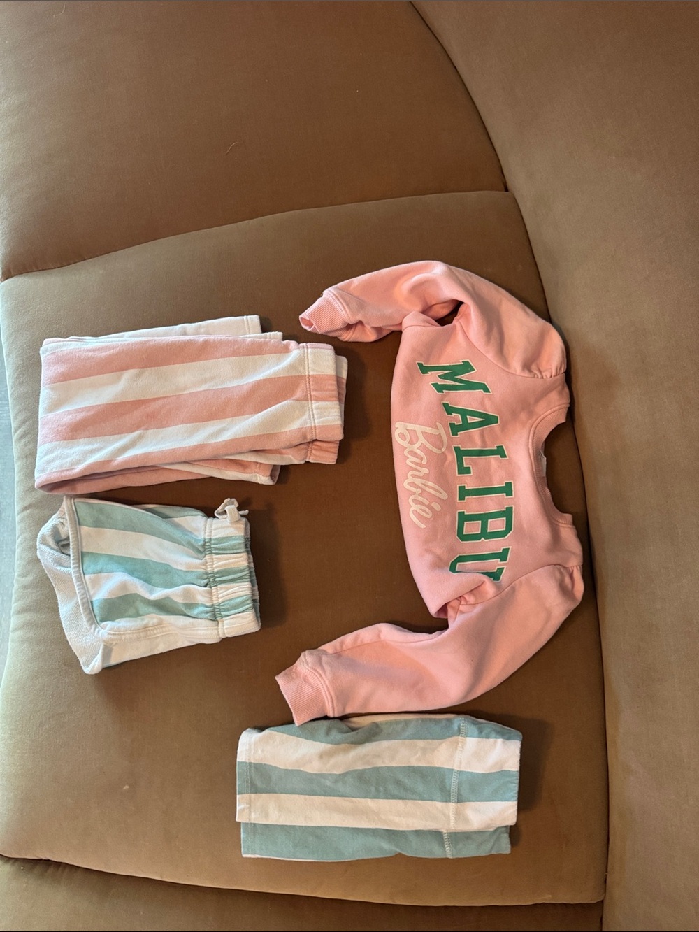 Pink "Malibu Barbie" Cropped Sweatshirt and Striped Shorts & pants Set
